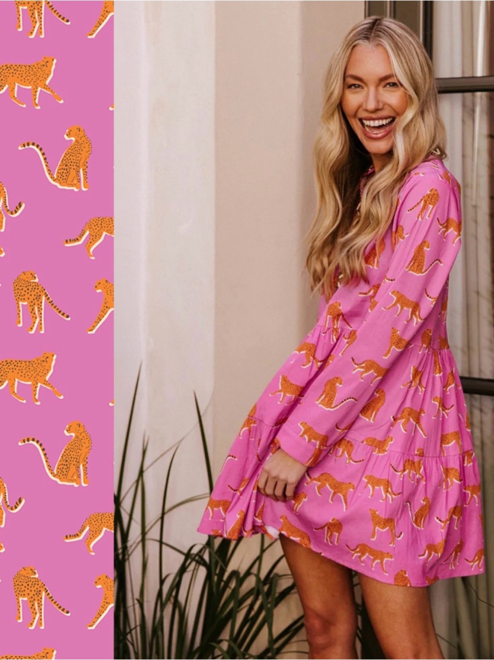 Embroidered Pink Leopard Print Tiered Tunic Dress